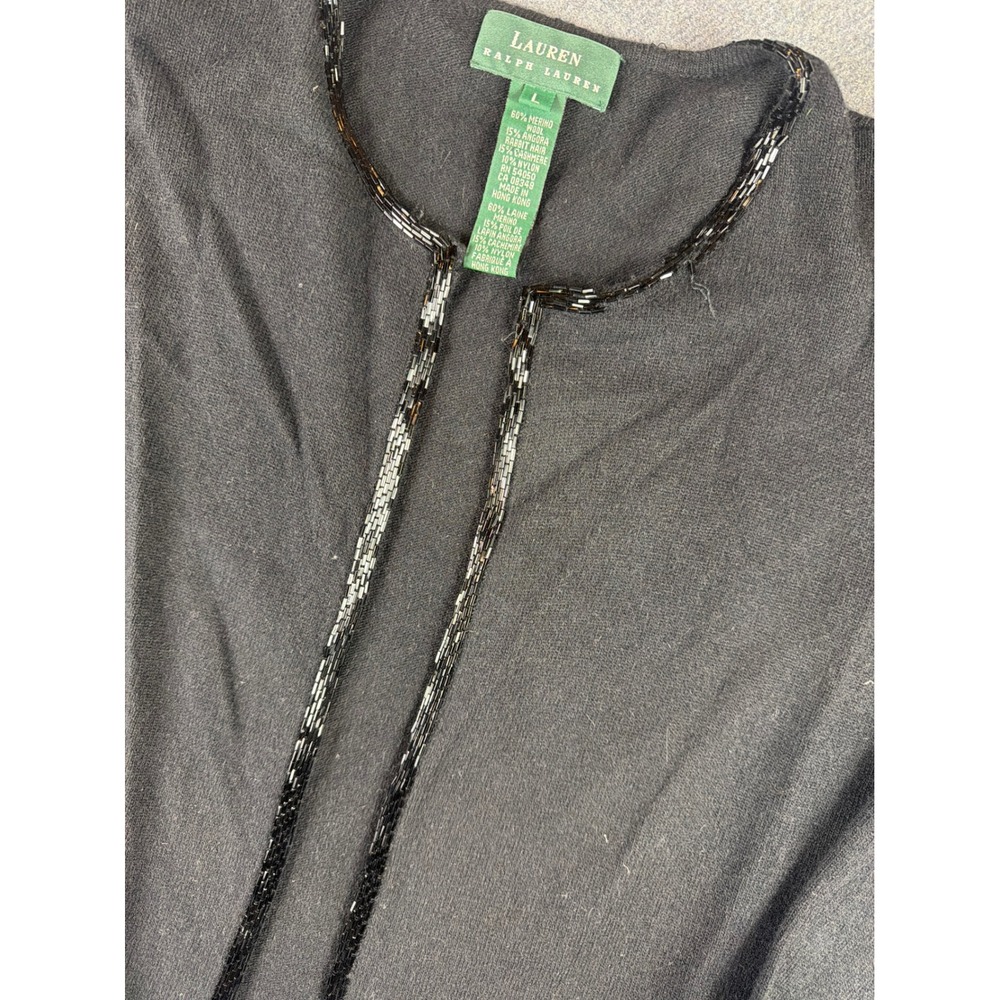 LRL Ralph Lauren‎ Cardigan Women L Black Merino Angora Cashmere Beaded Trim Open